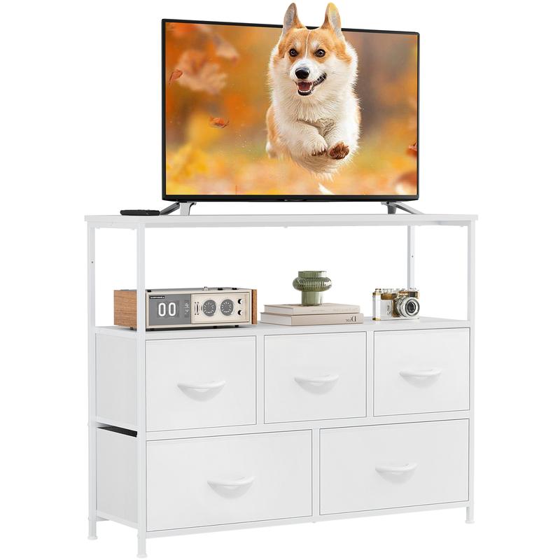 שידת טלוויזיה, מרכז בידור עם 5 מגירות בד, שולחן קונסולה לטלוויזיה עם מדף אחסון פתוח 