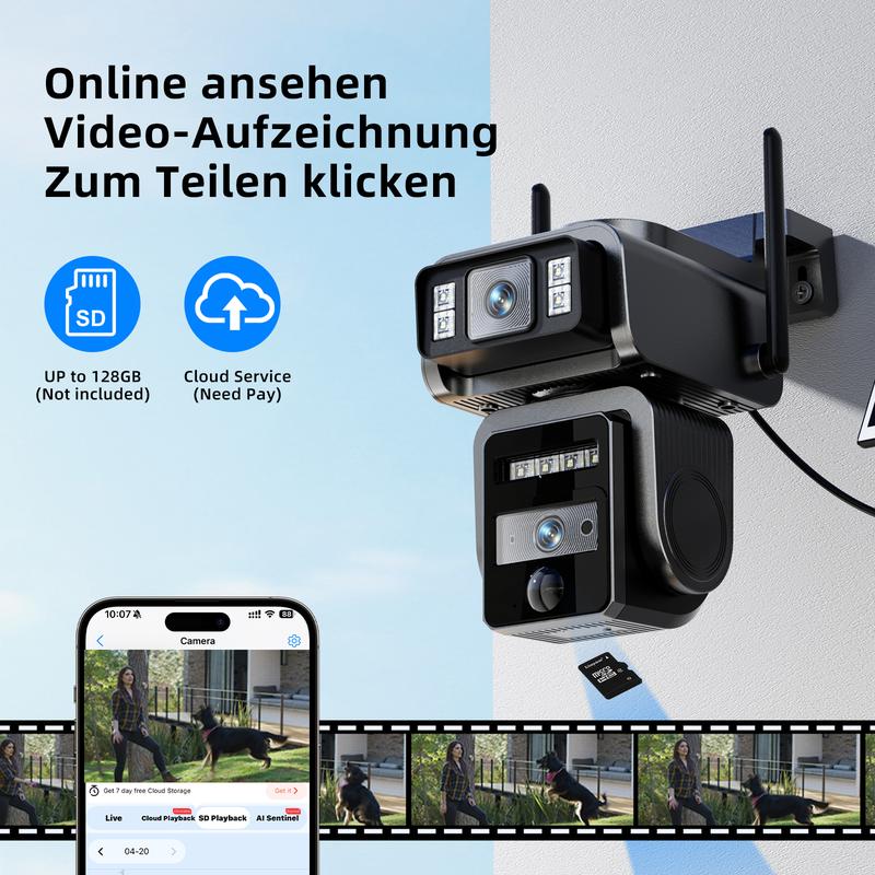 מצלמת אבטחה אלחוטית Seckun סולארית במעגל סגור WiFi עם זרקור 1080P HD תמונה ברורה PLR זיהוי תנועה צבע ראיית לילה עמידה במים שחורה מצלמת אבטחה אלחוטית כפולה עדשות ללא מבוי סתום מעקב אוטומטי אלחוטי מבצעים בשבילך שמע דו כיווני Aj19-Wifi