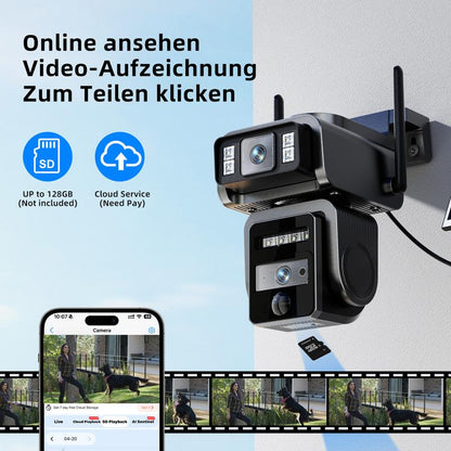 מצלמת אבטחה אלחוטית Seckun סולארית במעגל סגור WiFi עם זרקור 1080P HD תמונה ברורה PLR זיהוי תנועה צבע ראיית לילה עמידה במים שחורה מצלמת אבטחה אלחוטית כפולה עדשות ללא מבוי סתום מעקב אוטומטי אלחוטי מבצעים בשבילך שמע דו כיווני Aj19-Wifi