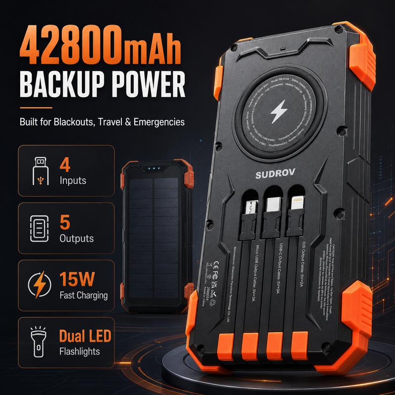סוללת גיבוי סולארית Sudrov בקיבולת 42800mAh, מטען נייד עם טעינה מהירה בהספק 15W וטעינה אלחוטית, 4 כבלי טעינה מובנים, 7 יציאות, 3 כניסות, שני פנסים ועיצוב עמיד בפני אבק