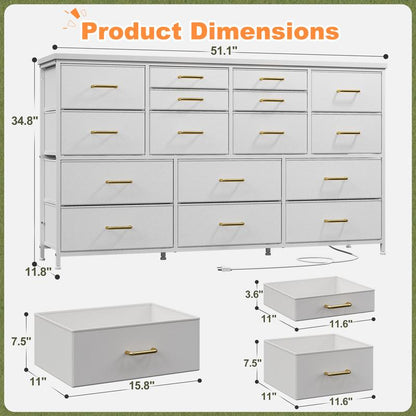 מעמד טלוויזיה Raybee Furniture עם 16 מגירות אחסון ושקע חשמל, מסגרת מתכת כבדה וקונסולת מדיה מעץ, מרכז בידור גדול לסלון, חדר שינה, ארון, ארון אחסון מודרני לעיצוב הבית לחלל קטן 