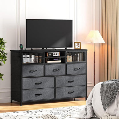 מעמד טלוויזיה Raybee Furniture עם 16 מגירות אחסון ושקע חשמל, מסגרת מתכת כבדה וקונסולת מדיה מעץ, מרכז בידור גדול לסלון, חדר שינה, ארון, ארון אחסון מודרני לעיצוב הבית לחלל קטן 