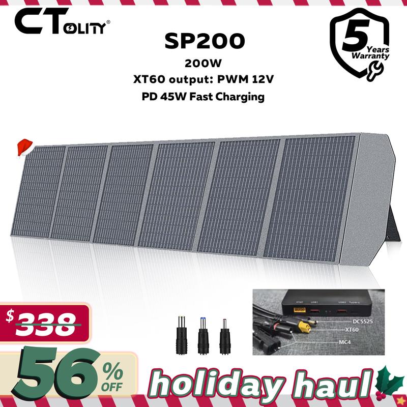 פאנל סולארי גמיש ומתקפל CTOLITY SP200 בהספק 200W, מטען סולארי נייד בעל יעילות גבוהה במתח 12V/20.5V עם יציאת USB בהספק 45W, מחברי MC4 ועיצוב עמיד למים לקמפינג, לקרוואנים ולתחנות כוח ניידות