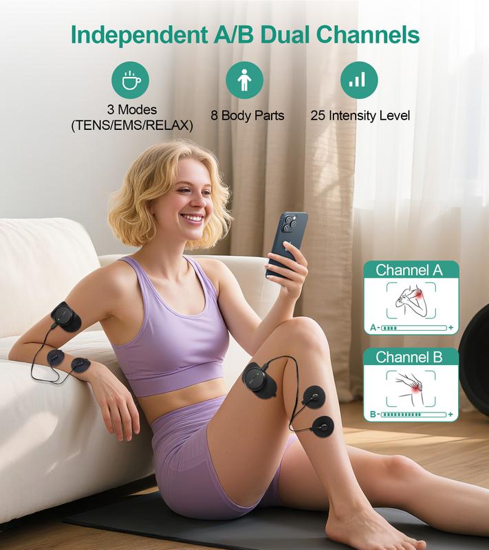מכשיר TENS אלחוטי דו-ערוצי לגירוי שרירים מבית Medcursor, מכשיר עיסוי ללא כבלים בשליטה באמצעות אפליקציה עם 3 מצבי פעולה, 25 רמות עוצמה, זיכרון טיפולים, עיצוב נייד ונרתיק אחסון להקלה על כאבי גב ורגליים
