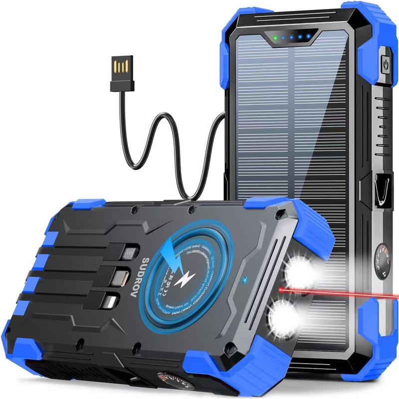 סוללת גיבוי סולארית Sudrov בקיבולת 42800mAh, מטען נייד עם טעינה מהירה בהספק 15W וטעינה אלחוטית, 4 כבלי טעינה מובנים, 7 יציאות, 3 כניסות, שני פנסים ועיצוב עמיד בפני אבק