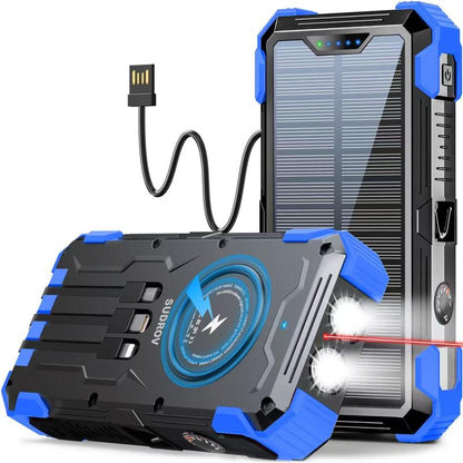 סוללת גיבוי סולארית Sudrov בקיבולת 42800mAh, מטען נייד עם טעינה מהירה בהספק 15W וטעינה אלחוטית, 4 כבלי טעינה מובנים, 7 יציאות, 3 כניסות, שני פנסים ועיצוב עמיד בפני אבק