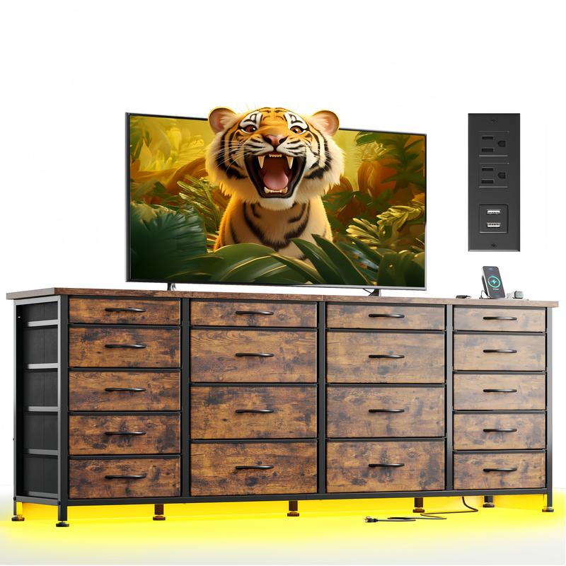 שידת Raybee Furniture ברוחב 55 אינץ' לחדר שינה, עם שקע חשמל ותאורת LED, מעמד טלוויזיה 65 אינץ' לחדר שינה עם 7-12 מגירות בד, שידות חזקות לחדר שינה 