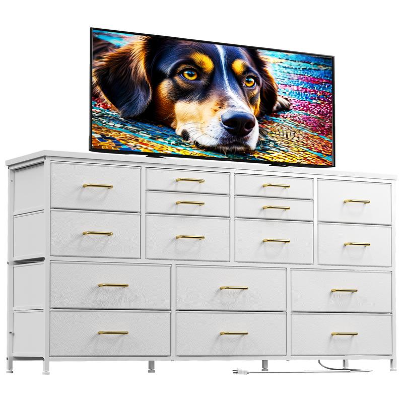 מעמד טלוויזיה Raybee Furniture עם 16 מגירות אחסון ושקע חשמל, מסגרת מתכת כבדה וקונסולת מדיה מעץ, מרכז בידור גדול לסלון, חדר שינה, ארון, ארון אחסון מודרני לעיצוב הבית לחלל קטן 