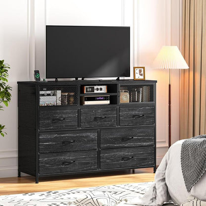 מעמד טלוויזיה Raybee Furniture עם 16 מגירות אחסון ושקע חשמל, מסגרת מתכת כבדה וקונסולת מדיה מעץ, מרכז בידור גדול לסלון, חדר שינה, ארון, ארון אחסון מודרני לעיצוב הבית לחלל קטן 