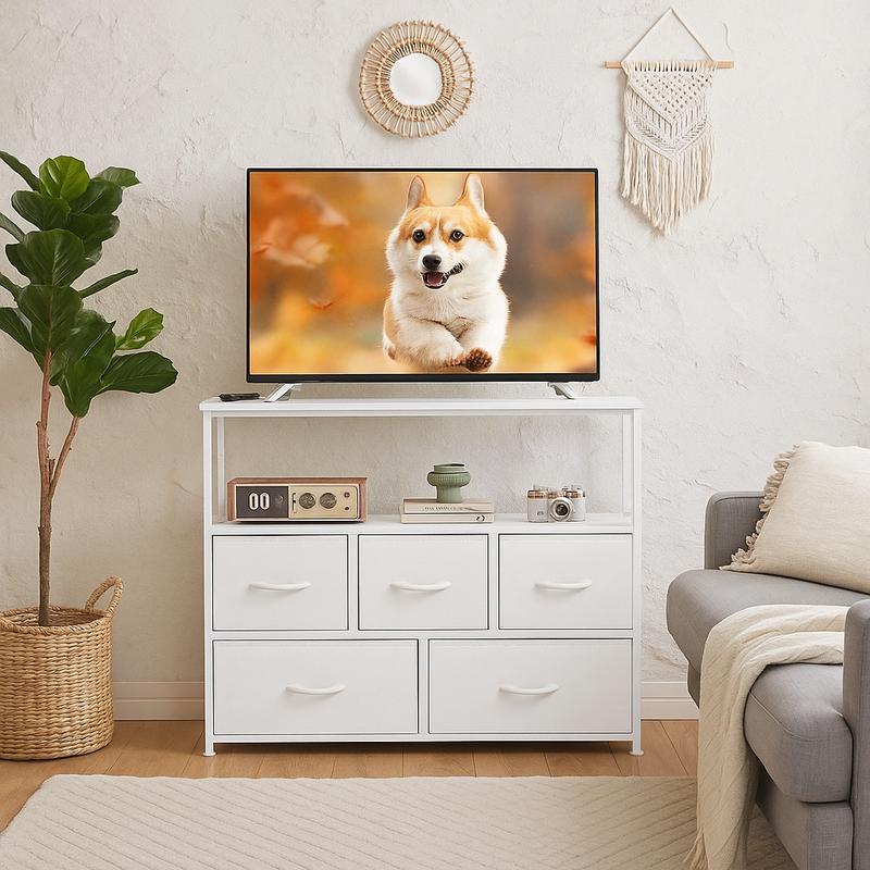 שידת טלוויזיה, מרכז בידור עם 5 מגירות בד, שולחן קונסולה לטלוויזיה עם מדף אחסון פתוח 