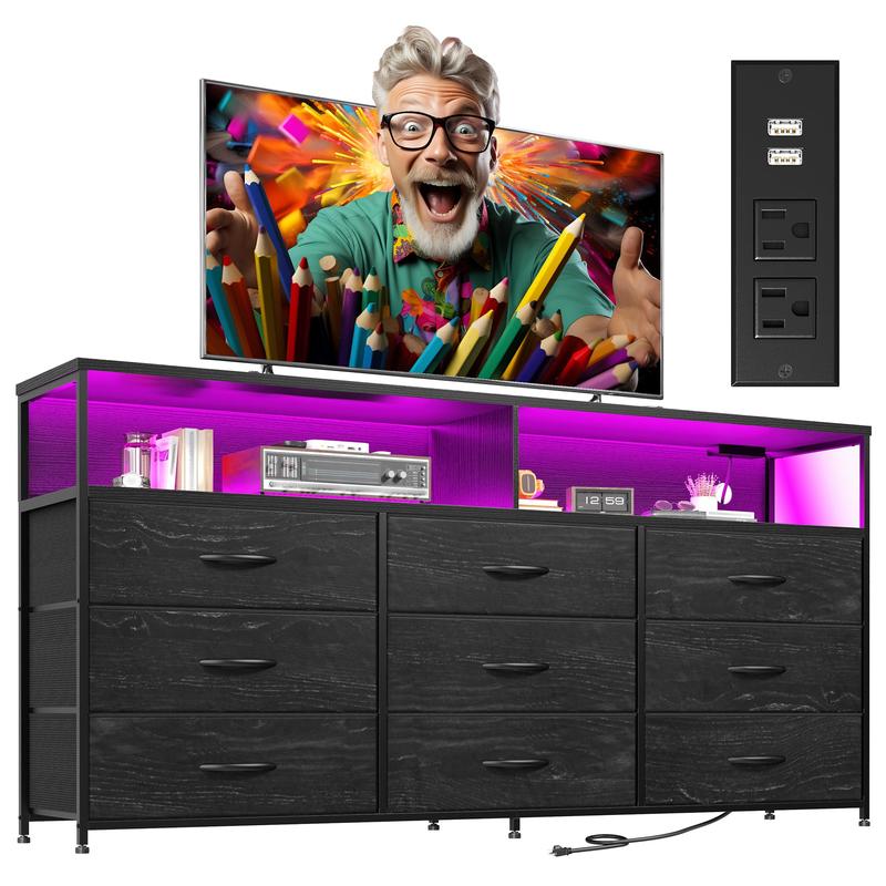 שידת Raybee Furniture ברוחב 55 אינץ' לחדר שינה, עם שקע חשמל ותאורת LED, מעמד טלוויזיה 65 אינץ' לחדר שינה עם 7-12 מגירות בד, שידות חזקות לחדר שינה 