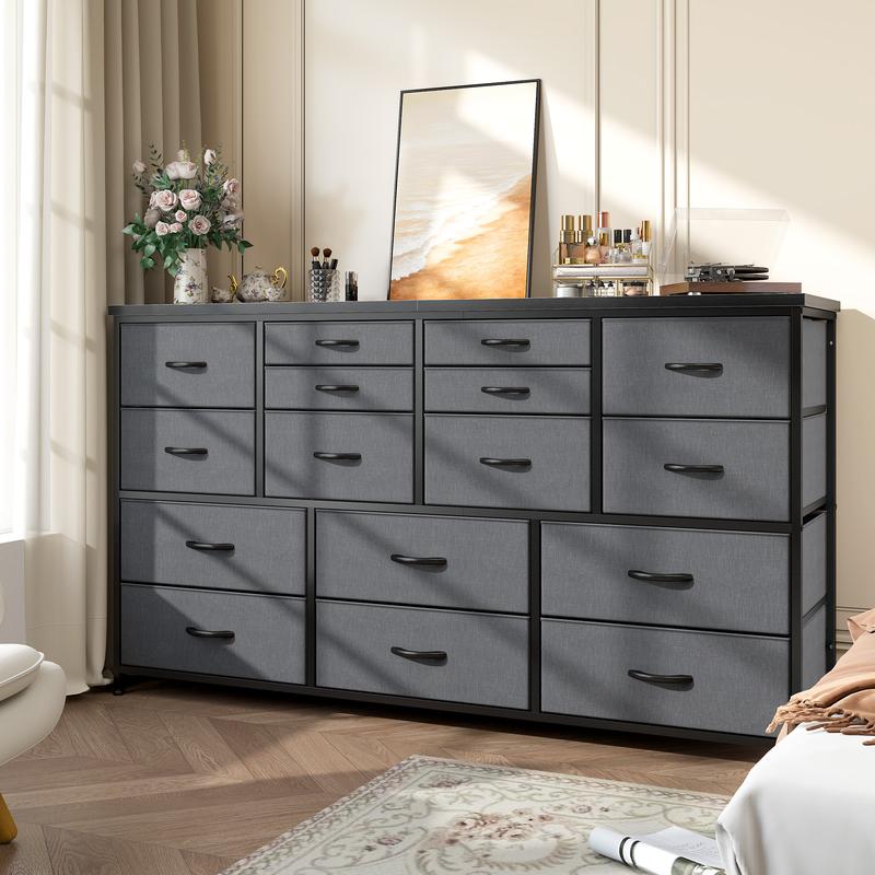 מעמד טלוויזיה Raybee Furniture עם 16 מגירות אחסון ושקע חשמל, מסגרת מתכת כבדה וקונסולת מדיה מעץ, מרכז בידור גדול לסלון, חדר שינה, ארון, ארון אחסון מודרני לעיצוב הבית לחלל קטן 