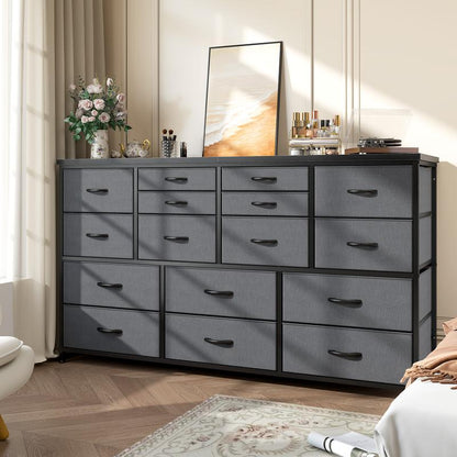 מעמד טלוויזיה Raybee Furniture עם 16 מגירות אחסון ושקע חשמל, מסגרת מתכת כבדה וקונסולת מדיה מעץ, מרכז בידור גדול לסלון, חדר שינה, ארון, ארון אחסון מודרני לעיצוב הבית לחלל קטן 