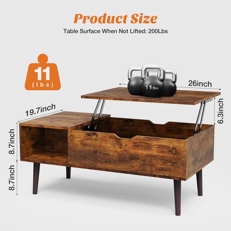 שולחן מרכזי מעץ מורכב במלואו של Sweet Furniture, שולחן קפה מחורץ עם משטח הרמה ותא נסתר, משטח שולחן מודרני להרמה לסלון ולמשרד 