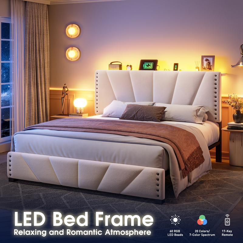 מיטת פלטפורמה קטיפתית Aura עם תאורת LED ועמדת טעינה