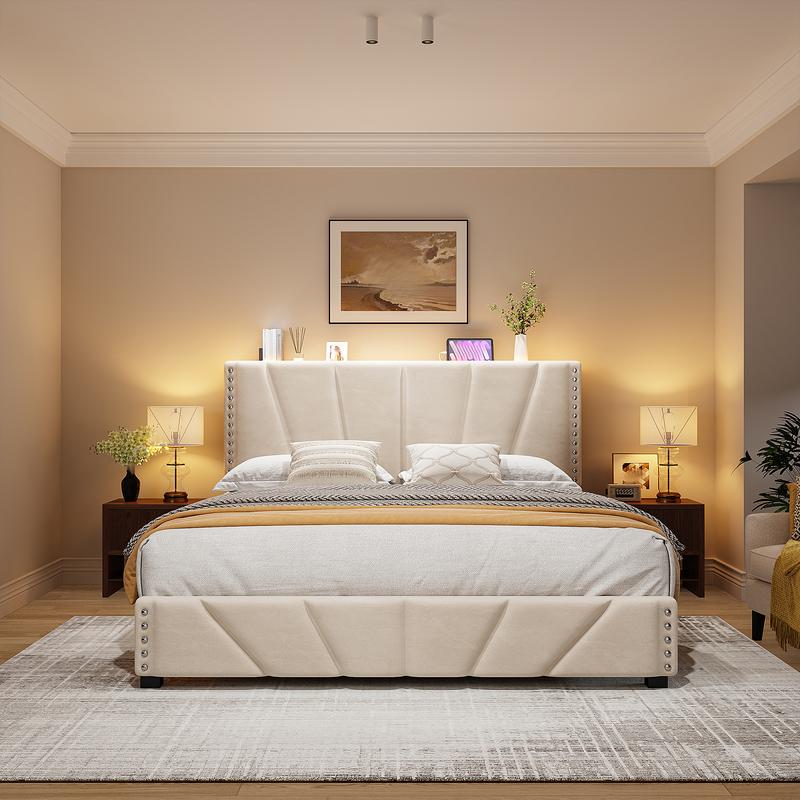 מיטת פלטפורמה קטיפתית Aura עם תאורת LED ועמדת טעינה