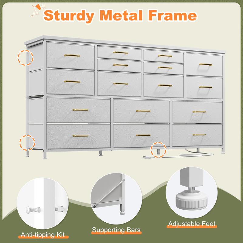 מעמד טלוויזיה Raybee Furniture עם 16 מגירות אחסון ושקע חשמל, מסגרת מתכת כבדה וקונסולת מדיה מעץ, מרכז בידור גדול לסלון, חדר שינה, ארון, ארון אחסון מודרני לעיצוב הבית לחלל קטן 