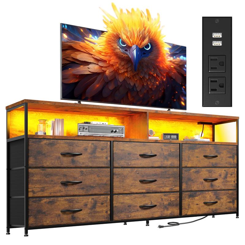 שידת Raybee Furniture ברוחב 55 אינץ' לחדר שינה, עם שקע חשמל ותאורת LED, מעמד טלוויזיה 65 אינץ' לחדר שינה עם 7-12 מגירות בד, שידות חזקות לחדר שינה 