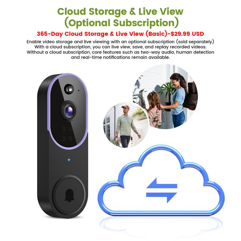 מצלמת פעמון דלת חכמה אלחוטית ברזולוציית 1080P עם זיהוי באמצעות בינה מלאכותית (AI), ראיית לילה, שמע דו-כיווני וחיבור WiFi