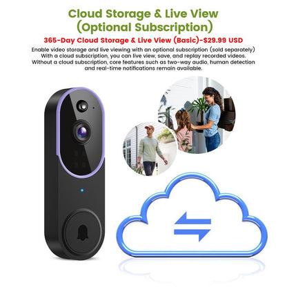 מצלמת פעמון דלת חכמה אלחוטית ברזולוציית 1080P עם זיהוי באמצעות בינה מלאכותית (AI), ראיית לילה, שמע דו-כיווני וחיבור WiFi