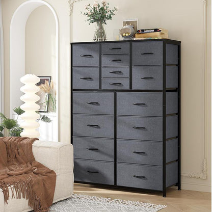 מעמד טלוויזיה Raybee Furniture עם 16 מגירות אחסון ושקע חשמל, מסגרת מתכת כבדה וקונסולת מדיה מעץ, מרכז בידור גדול לסלון, חדר שינה, ארון, ארון אחסון מודרני לעיצוב הבית לחלל קטן 
