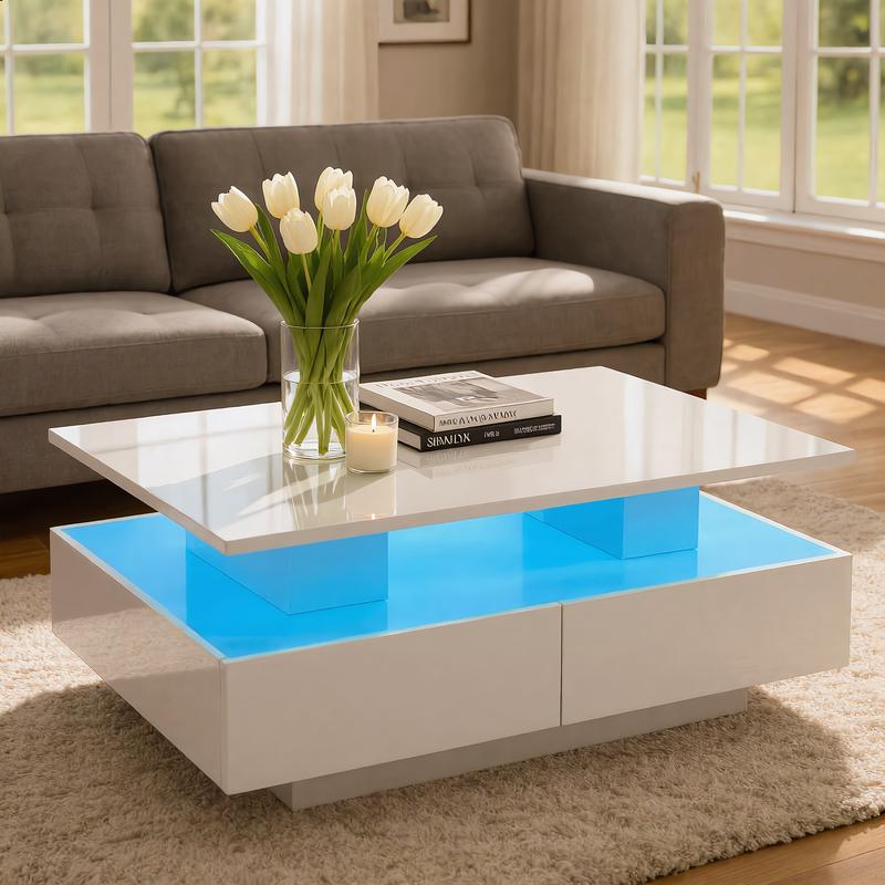 שולחן סלון מודרני מבריק | תאורת LED חכמה ו-4 מגירות אחסון