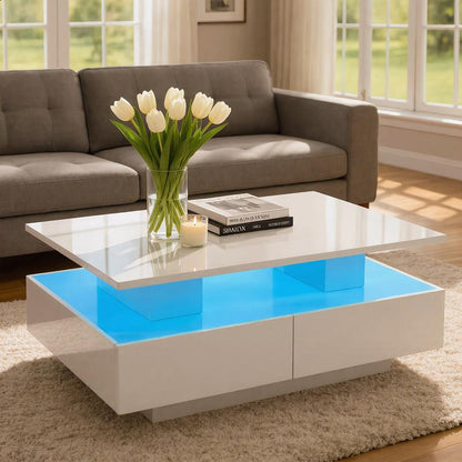 שולחן סלון מודרני מבריק | תאורת LED חכמה ו-4 מגירות אחסון