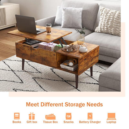 שולחן מרכזי מעץ מורכב במלואו של Sweet Furniture, שולחן קפה מחורץ עם משטח הרמה ותא נסתר, משטח שולחן מודרני להרמה לסלון ולמשרד 