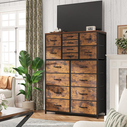 מעמד טלוויזיה Raybee Furniture עם 16 מגירות אחסון ושקע חשמל, מסגרת מתכת כבדה וקונסולת מדיה מעץ, מרכז בידור גדול לסלון, חדר שינה, ארון, ארון אחסון מודרני לעיצוב הבית לחלל קטן 