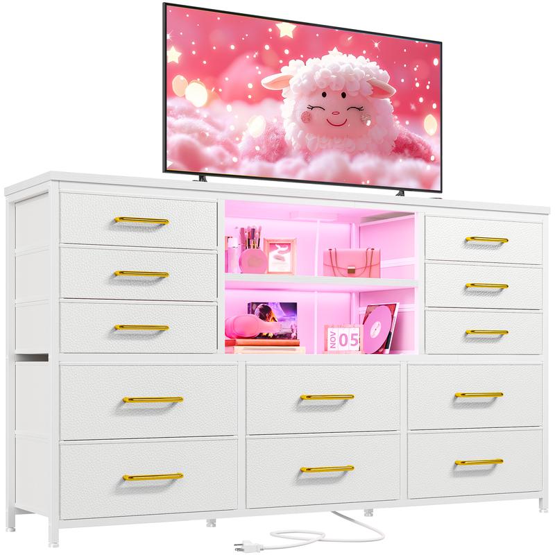 שידת Raybee Furniture ברוחב 55 אינץ' לחדר שינה, עם שקע חשמל ותאורת LED, מעמד טלוויזיה 65 אינץ' לחדר שינה עם 7-12 מגירות בד, שידות חזקות לחדר שינה 