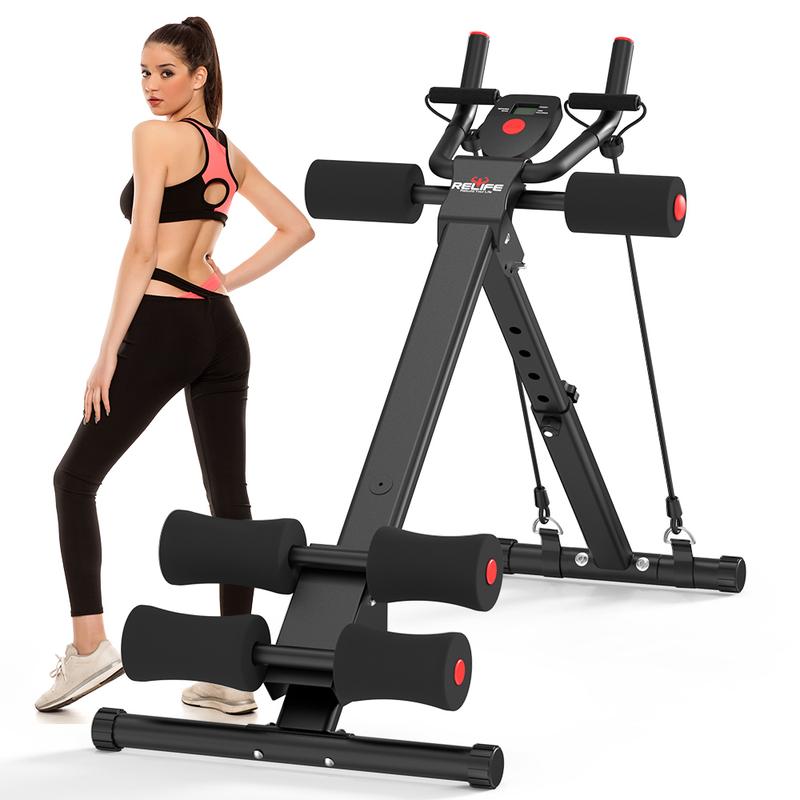 מכשיר אימון בטן מתקפל מתכוונן של Relife Sports עם צג LCD | מחטב ליבה, בטן ומותניים לחדר כושר ביתי | הגנה על הברכיים וגומיות התנגדות | ציוד אימון לזרועות, רגליים וישבן | מתאים למתחילים 