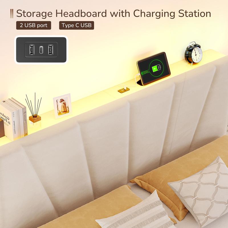 מיטת פלטפורמה קטיפתית Aura עם תאורת LED ועמדת טעינה