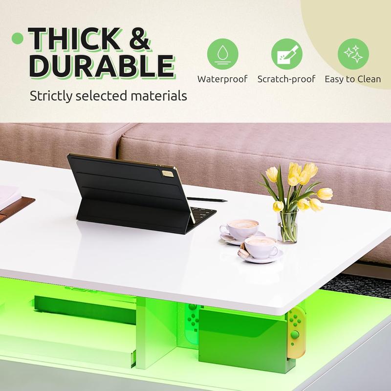 שולחן סלון מודרני מבריק | תאורת LED חכמה ו-4 מגירות אחסון