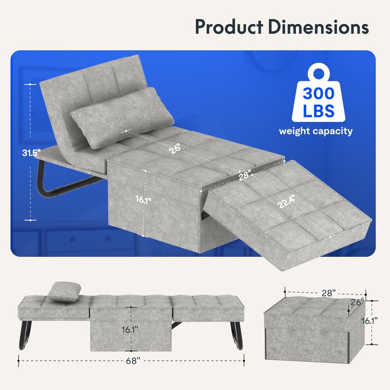 ספת מיטה מתקפלת FlexiSpot, 75 אינץ', עם משענת גב מתכווננת ב-5 רמות, ספת מיטה עות'מאנית מתקפלת לסלון, דירה, משרד 