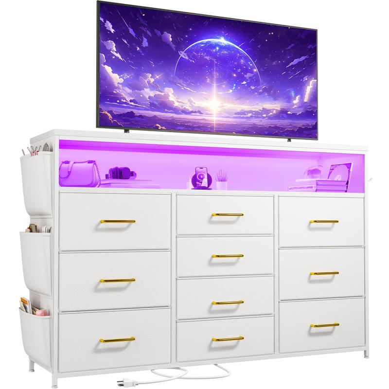 שידת Raybee Furniture ברוחב 55 אינץ' לחדר שינה, עם שקע חשמל ותאורת LED, מעמד טלוויזיה 65 אינץ' לחדר שינה עם 7-12 מגירות בד, שידות חזקות לחדר שינה 