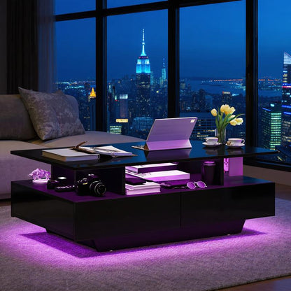 שולחן סלון מודרני מבריק | תאורת LED חכמה ו-4 מגירות אחסון