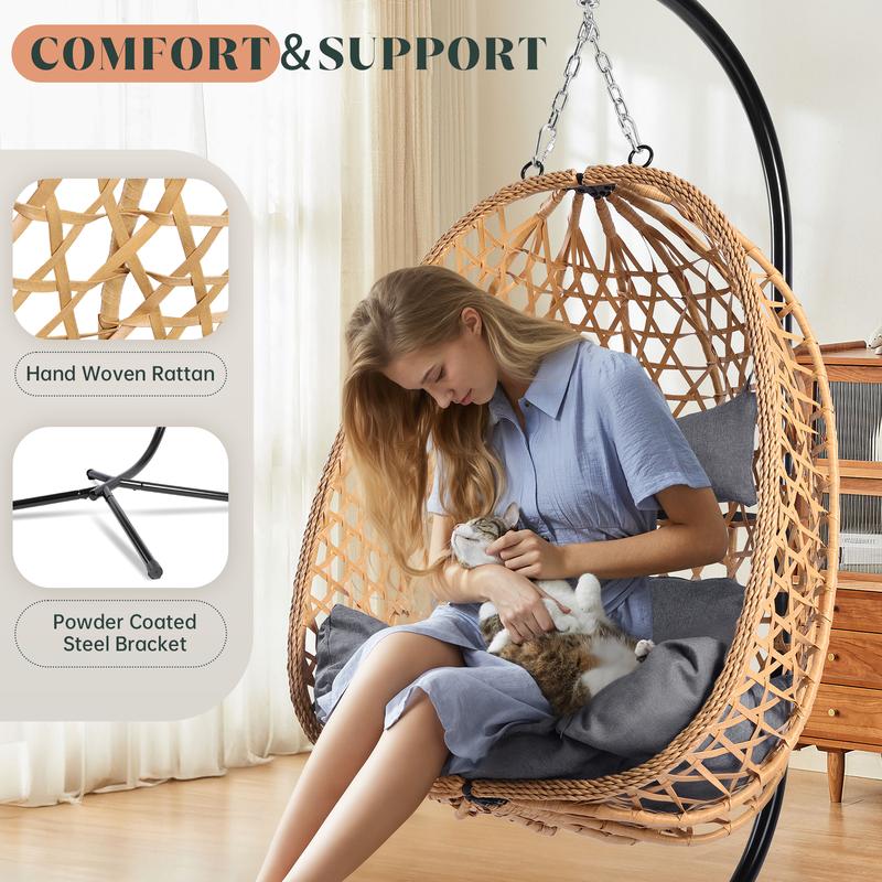 כיסא נדנדה ביצה - עיצוב נצרים, מושלם לשימוש פנימי וחיצוני, תומך במשקל של עד 147 ק"ג, כולל כרית לנוחות נוספת 