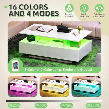 שולחן סלון מודרני מבריק | תאורת LED חכמה ו-4 מגירות אחסון