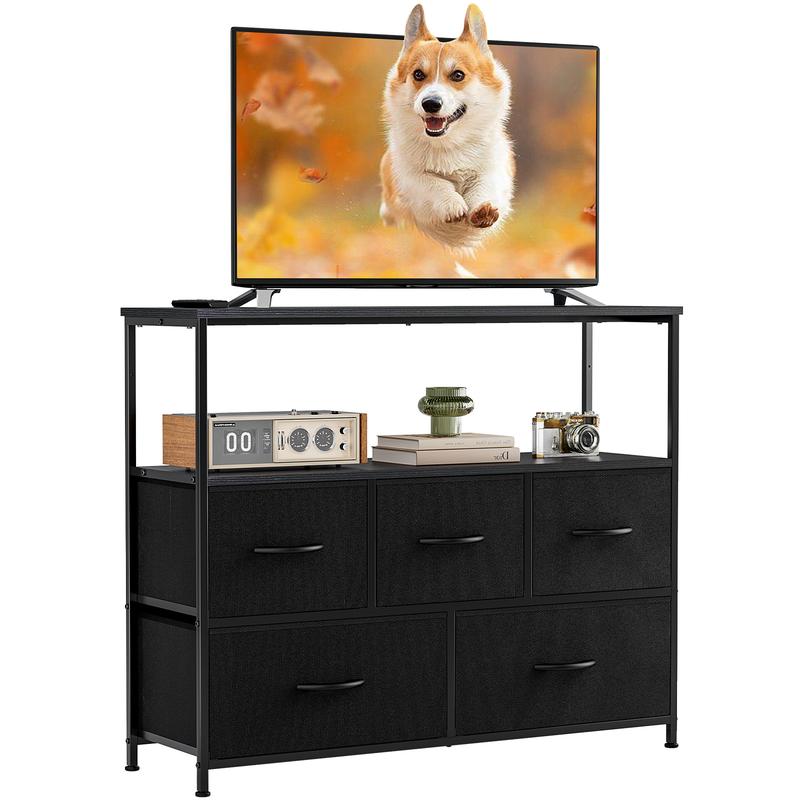 שידת טלוויזיה, מרכז בידור עם 5 מגירות בד, שולחן קונסולה לטלוויזיה עם מדף אחסון פתוח 