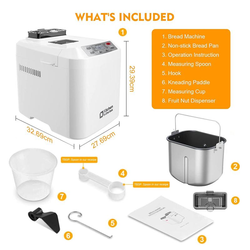 מכונת לחם אוטומטית, עד 2 ליברות, מכונת לחם 12 ב-1 עם מתקן אוטומטי לפירות ואגוזים, טיימר 13 שעות, שמירה על חום של שעה אחת, ללא גלוטן, 3 צבעי קרום 