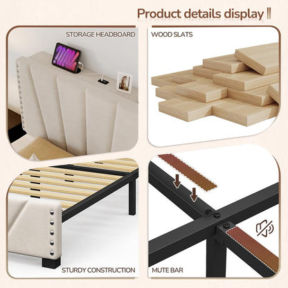 מיטת פלטפורמה קטיפתית Aura עם תאורת LED ועמדת טעינה