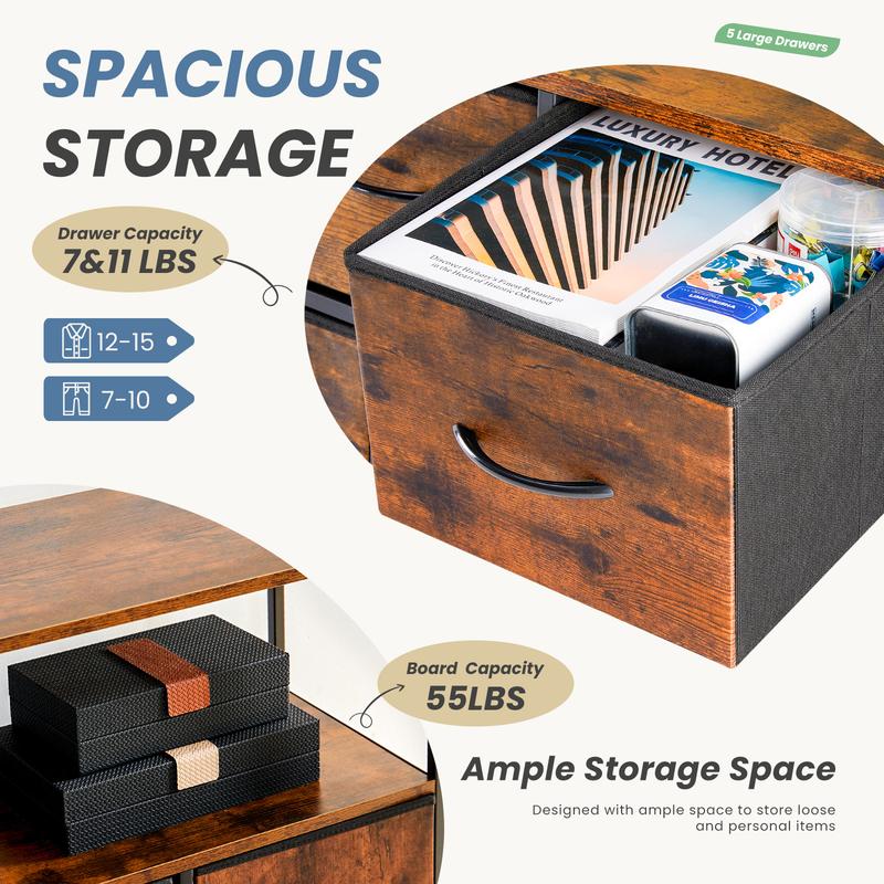 שידת טלוויזיה, מרכז בידור עם 5 מגירות בד, שולחן קונסולה לטלוויזיה עם מדף אחסון פתוח 