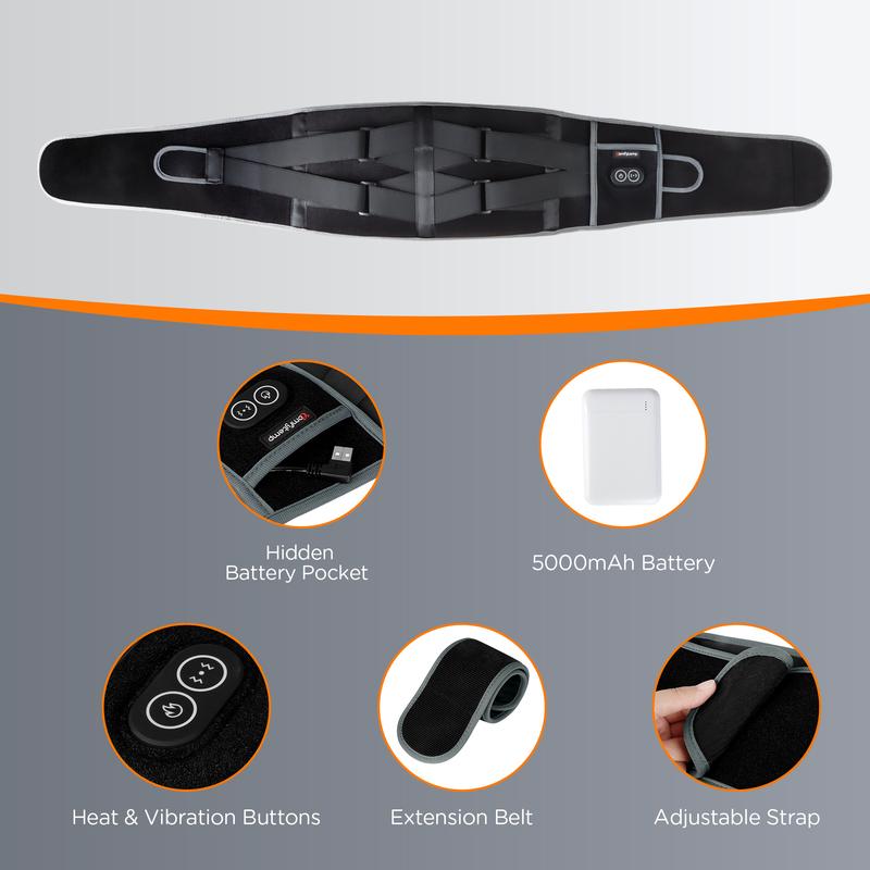 מעסה גב אלחוטי עם 3 רמות חימום ו-3 רמות רטט - כרית חימום למותניים עד 152 ס"מ להקלה עמוקה על הגב - רצועה אלסטית ניידת ומתכווננת - אחריות ל-30 יום 
