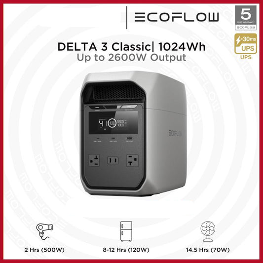 ECOFLOW DELTA 3 Classic, סוללת LiFePO4, גנרטור סולארי, טעינה מהירה, תחנת כוח ניידת לגיבוי חשמל ביתי 